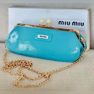 Miu Miu Sky Blue or Turquoise Patent Faux Leather Clutch with Gold Chain GWP NWB